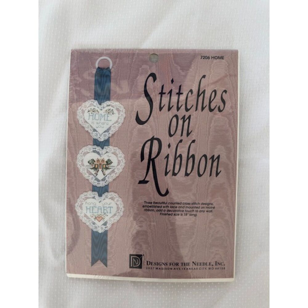 Vintage Cottagecore Counted Cross-Stitch Hearts on Ribbon